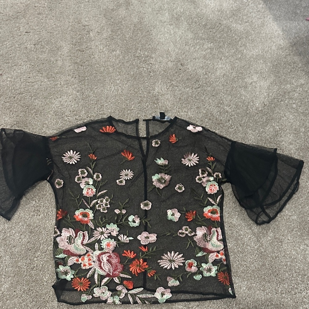Haute Monde Black Mesh Top with Floral Embroidery